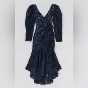 Tanya Taylor navy blue maxi floral neck long sleeve maxi wrap dress
